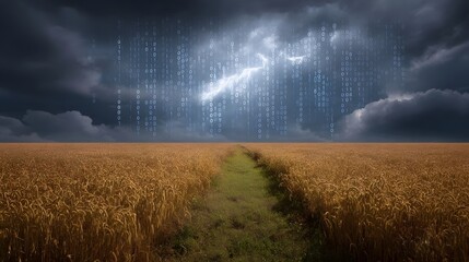 A stormy digital sky with binary code and lightning strikes over a golden wheat field