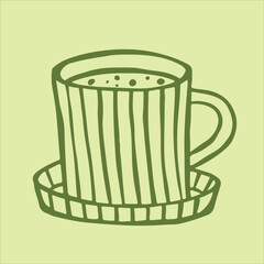 A charming doodle-style striped teacup and saucer set, brimming with vibrant matcha green tea, elegantly placed on a serene light green background.