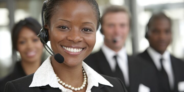 Smiling call center representative with headset and colleagues at work