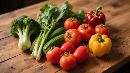 A colorful bounty of farm-fresh vegetables, including ripe tomatoes, crisp bell peppers, and broccoli, displayed on a rustic wood surface