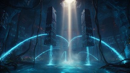 A stunning futuristic digital interface with shining data points and glowing lines, symbolizing the next generation of technology and digital connectivity. Ideal for tech and digital transformation