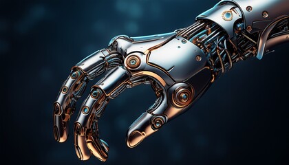 close up of a metallic robot hand showcasing complex joints and intricate detailing