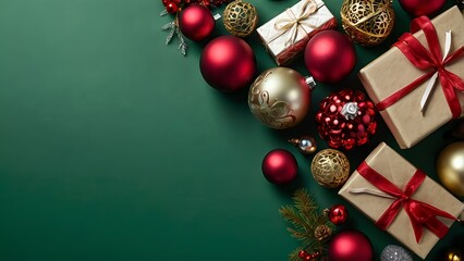 Elegant Christmas border made of ornaments and gifts on green background
