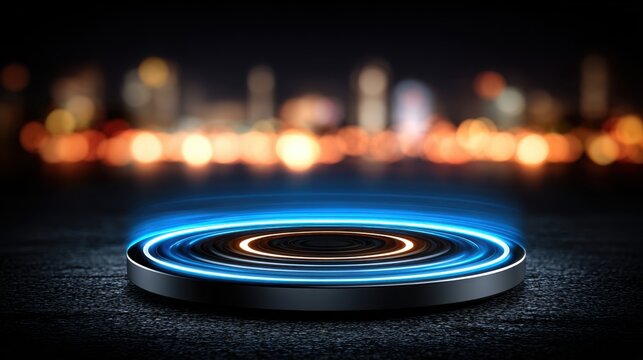 Futuristic Platform with Blue Neon Light and City Backdrop - Powered by Adobe