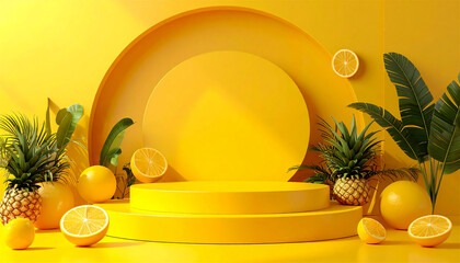 Vibrant Yellow Tropical Fruit and Plant Display – Bright Citrus Background for Advertising and Product Mockups