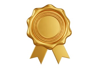 Golden seal wax emblem rendering for awards, guarantee, and success recognition on white background