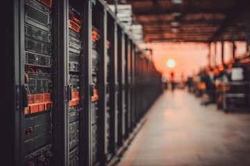 Server room with rows of data storage hardware with sunset background