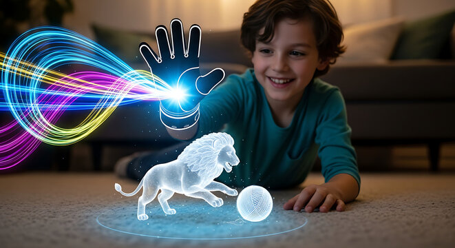 Child Playing Augmented Reality with Holographic Animals