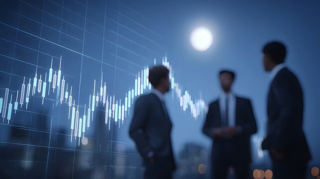 Blurred business professionals in suits discuss financial market trends on a night rooftop against a moonlit cityscape