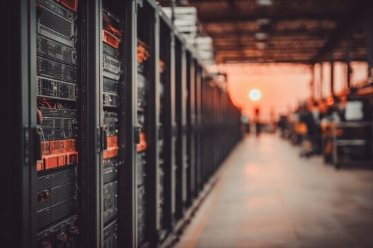 Server room with rows of data storage hardware with sunset background