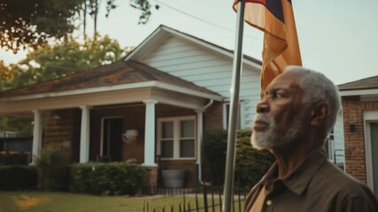Elderly man standing outside house by flagpole, looking contemplative