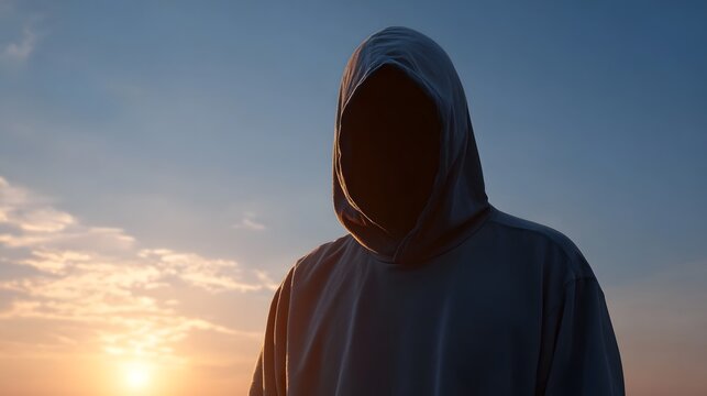 Mysterious hooded figure silhouetted against a vibrant sunset sky evoking a sense of solitude and contemplation