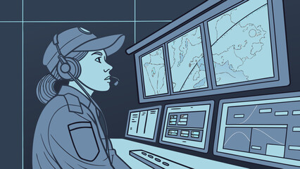 Air traffic controller monitoring screens with radar maps in a control room