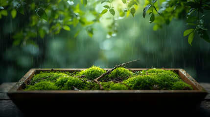 Lush Green Moss in a Wooden Tray Under a Gentle Rain, Creating a Serene and Natural Scene, Perfect for Backgrounds, Textures, or Nature-Themed Designs