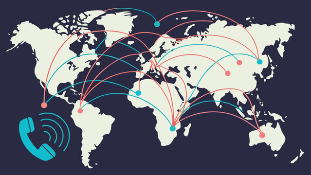 Global communication illustration with world map and phone symbol