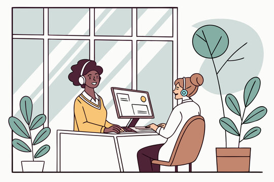 Two women working in a customer service environment, helping customer with headset, with a friendly office atmosphere.