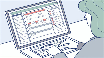 Person using a computer, working on a software program 
