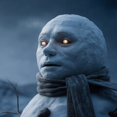 Snowman with a scarf around his neck and a look of terror on his face