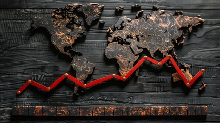 World map illustrating economic recession trends with a prominent declining red line indicator