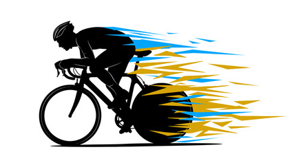 Silhouette of a cyclist on a racing bike with dynamic blue and yellow speed streaks, illustrating fast motion and competitive cycling.
