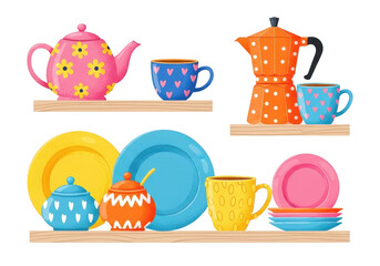 Collection of colorful kitchenware including teapots, coffee maker, mugs, plates, and sugar bowl arranged on wooden shelves isolated on transparent background