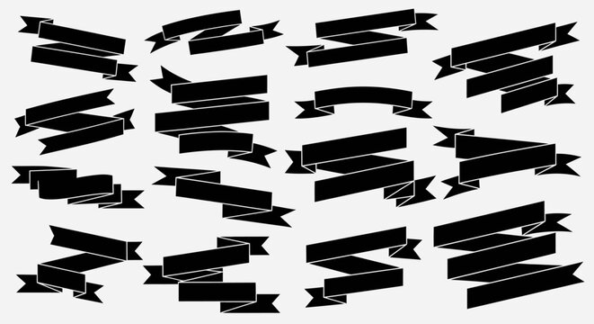 A collection of black ribbon banners in various shapes and styles, suitable for design elements and decorative purposes.