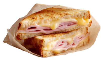 Ham and melted cheese sandwich wrapped in paper on transparent background