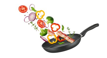 Colorful Vegetables and Bacon Sizzling in a Frying Pan A Vibrant and Appetizing Display of Cooking Ingredients ready