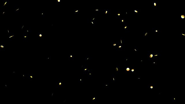 falling round gold confetti isolated on black background, slow motion design element texture decoration overlay template for festive events, particle animation