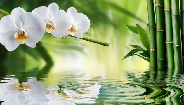 white orchids and bamboo stalks with rippling water reflection flower - Powered by Adobe