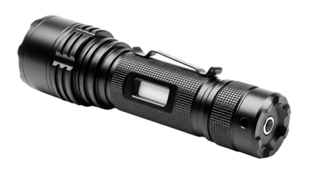 Close up of a modern black metal flashlight showcasing its intricate design and functional features ideal for camping survival and emergency situations against