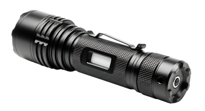 Close up of a modern black metal flashlight showcasing its intricate design and functional features ideal for camping survival and emergency situations against