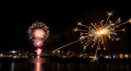 Sparkling Night Delights Celebratory Fireworks and Flickering Sparkler for Festive Occasions with Dark Sky and City Lights Illuminating Celebrations of Joy and Magical Moments Together