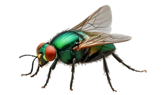 Common green bottle fly standing on surface, isolated on transparent background, ultra-detailed 8K macro insect photography, crisp studio lighting, clean clipping-path, high-resolution entomology stoc