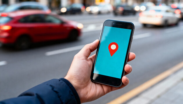Hand holding smartphone displaying a location pin icon against a blurred background of city traffic on a street.