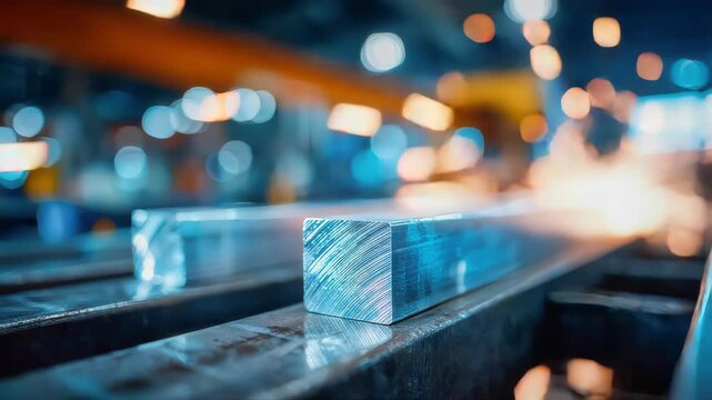 Close-up of aluminum square bars in a factory setting with glowing sparks and blurred industrial lights