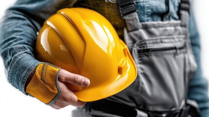 Construction worker protection: a construction worker stands ready, holding a bright yellow hard hat, representing safety and preparedness on the job site.