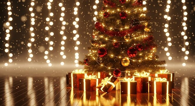Christmas tree with gifts and bokeh lights background - Powered by Adobe