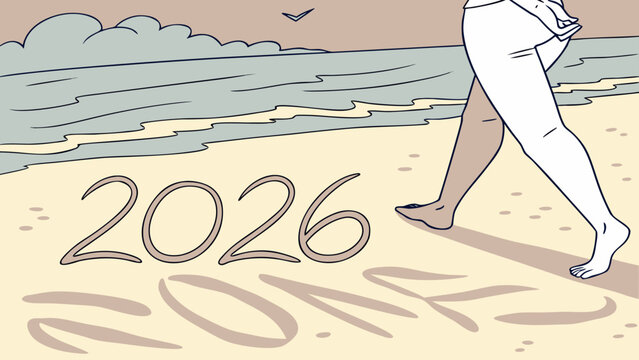 Person walking on a beach with the year two thousand and twenty six written in the sand near the ocean