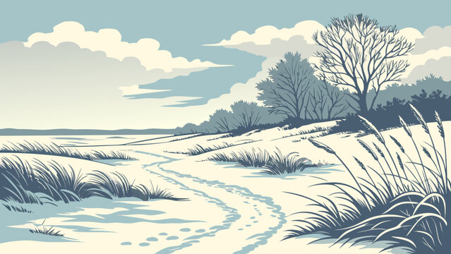 Winter landscape with snowy field footprints trees and cloudy sky in a muted color palette art style
