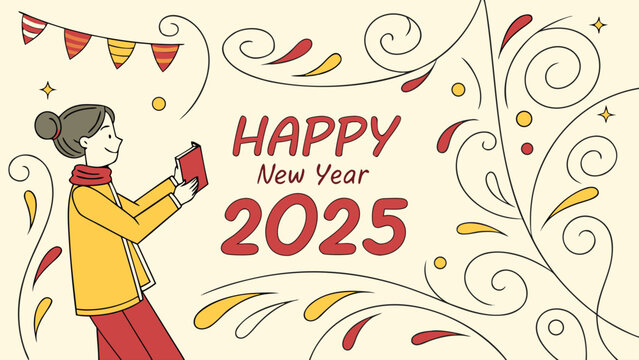 Illustration of a woman reading a book with happy new year 2025 and decorative elements around her