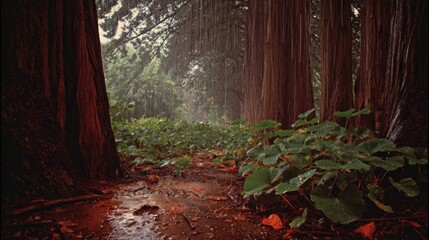 Rainforest Pathway Through Giant Redwood Trees With Green Foliage and Wet Ground
