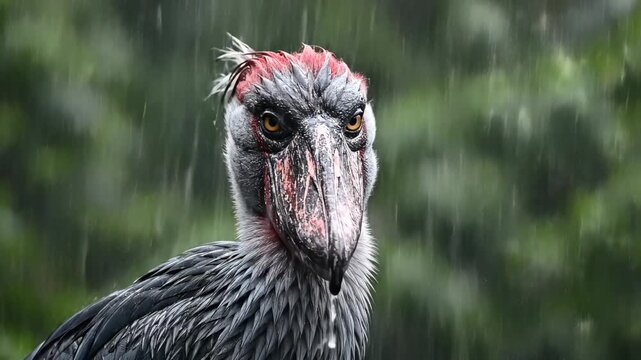 Captivating Shoebill Stork Portrait in a Serene Rain Shower Revealing Majestic Nature Beauty