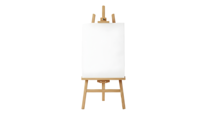 Blank white canvas on a wooden easel, isolated on black background.