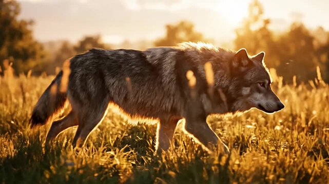 Magnificent Gray Wolf Prowling Through a Golden Grass Field at Sunset or Sunrise Capturing the Untamed Wilderness and Serene Natural Beauty in Warm Light