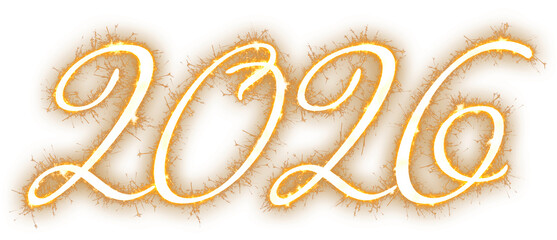 2026 happy new year number written in flowing gold sparkler cursive script isolated on a transparent background