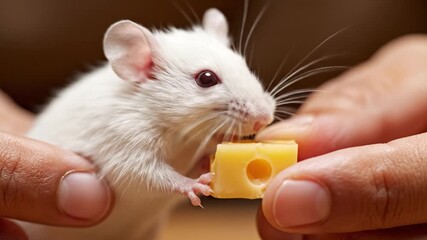 Close up of a cute white mouse eating a piece of yellow cheese held by human hands. A charming and intimate moment suitable for pet care content or animal themes.