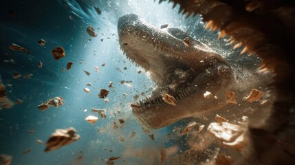 Underwater Action Shot of a Dinosaur with Rocks and Debris in Water