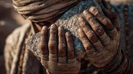 Close-up of Hands Holding a Heavy Stone with a Torn Cloth and Dirt-Covered Hands