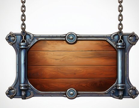 vintage metal sign with chains hanging on a white background perfect for customization and adding text or logos